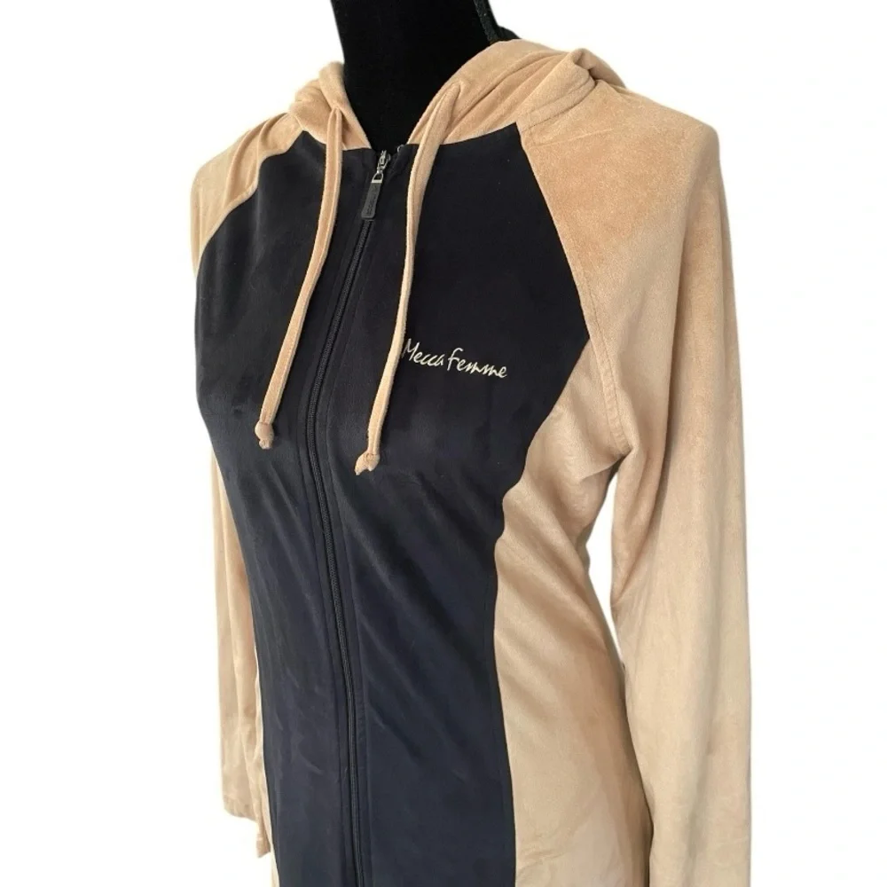 MECCA FEMME Tan & Black Stretchy Faux Suede Hoodie Dress size L Y2K 90’s vintage